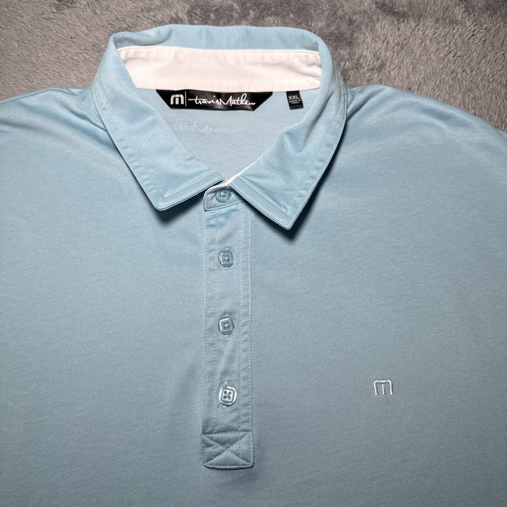 Travis Mathew Men's 2XL Light Blue Short Sleeve Golf Polo Shirt White Logo